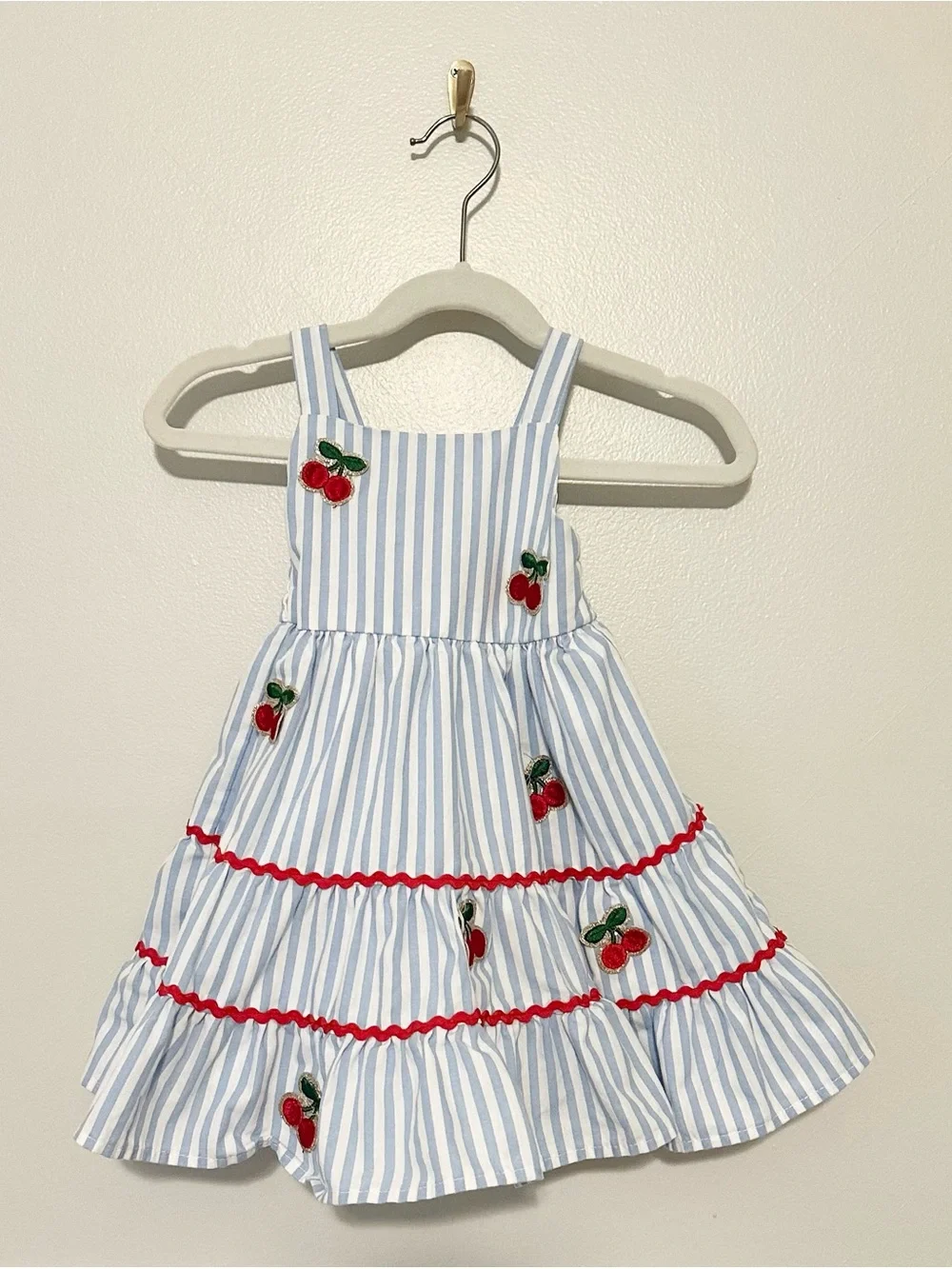 Rueveri Baby Girl Cherry Dress 18M Blue Stripe Tiered Sundress